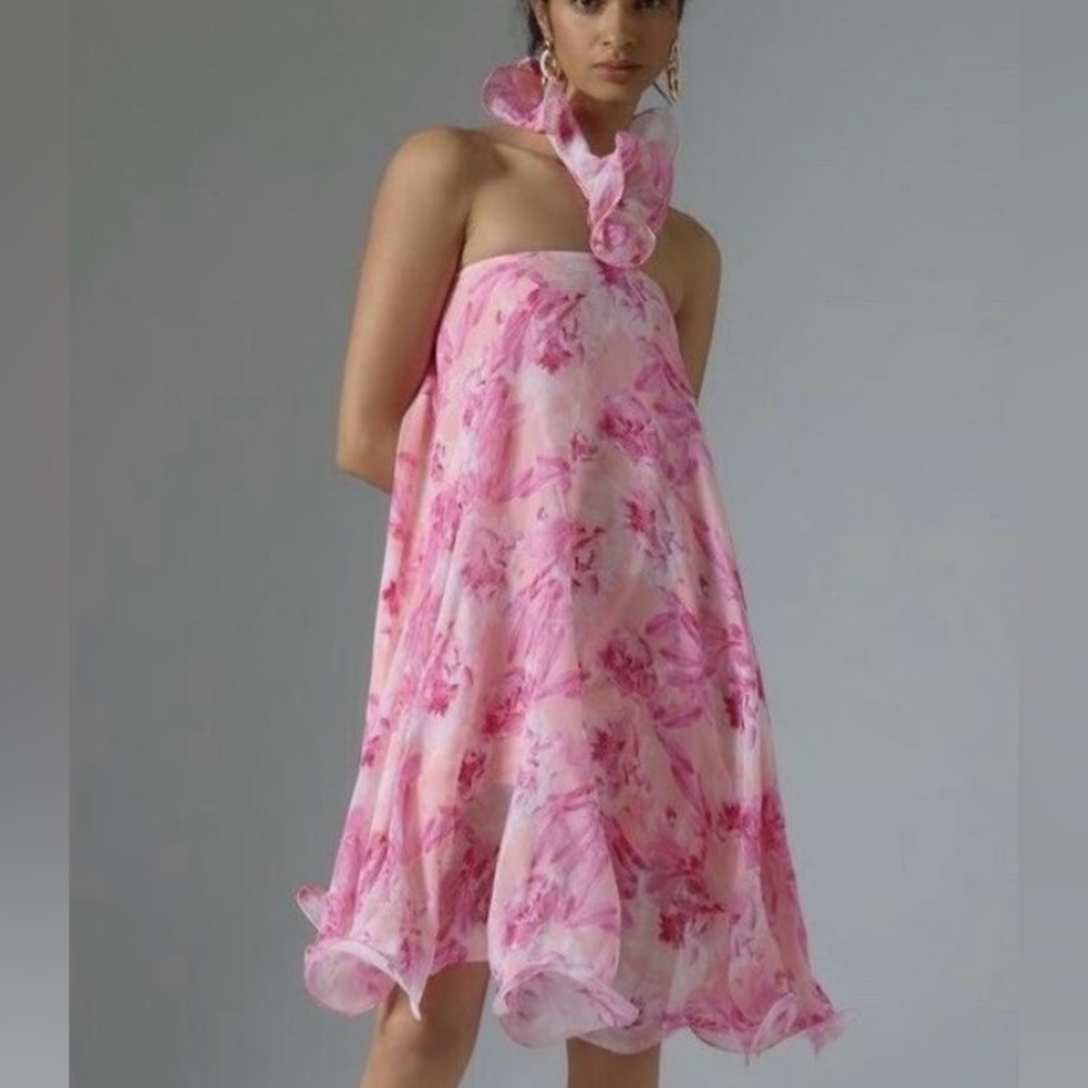 Anthropologie Mandira Wirk Floral Halter Swing Dress Pink size S